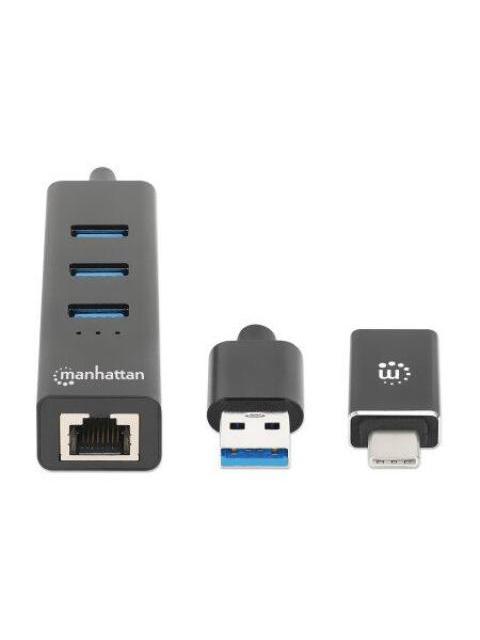MANHATTAN HUB USB MACHO - 3 PUERTOS USB HEMBRA1X RJ-45 5000MBIT-S NEGRO - Imagen 3