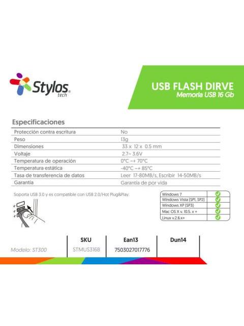 MEMORIA USB STYLOS ST300 16GB USB 2.0 LECTURA 80MB-S GRIS - Imagen 6