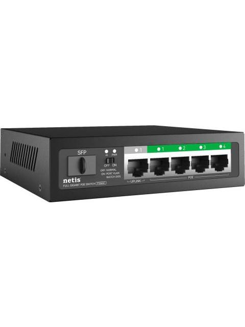 NETIS SWITCH POE P106GC 4 PUERTOS POE 1 PUERTO UPLINK 1 PUERTO SFP 60W 1000 MBPS WATCHDOG PLUG PLAY 250MTS DE ALCANCE NO ADMINISTRABLE