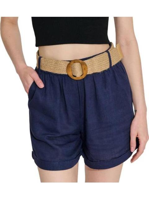 SHORT DE LINO CON CINTURON DE PAJA AZUL MARINO HOLLY LAND - Imagen 3