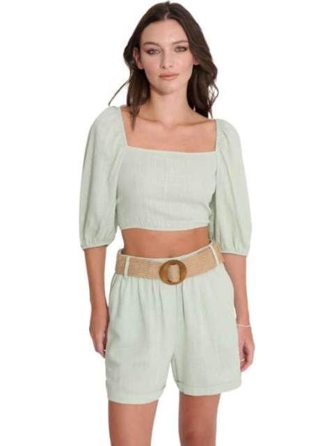 SHORT DE LINO CON CINTURON DE PAJA AZUL MENTA HOLLY LAND - Imagen 2