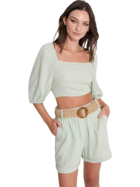 SHORT DE LINO CON CINTURON DE PAJA AZUL MENTA HOLLY LAND - Imagen 4