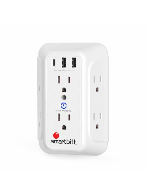 SMARTBITT SUPRESOR DE PICOS DE PARED SBSS-BW6-3U 6 CONTACTOS 3X USB 1480J 120V BLANCO - Imagen 3