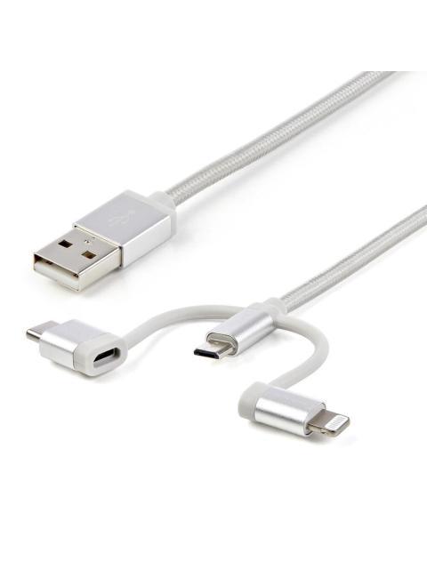STARTECH CABLE DE CARGA CERTIFICADO MFI LIGHTNING-USB-C-MICRO USB MACHO - USB A MACHO 1 METRO PLATA PARA IPOD-IPHONE-IPAD