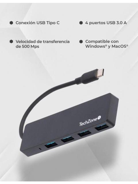 TECHZONE HUB USB-C 3.2 MACHO - 4X USB-A 3.2 500 MBIT-S NEGRO - Imagen 5