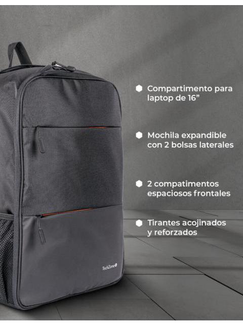 TECHZONE MOCHILA DE POLIESTER EXPAND PARA LAPTOP 16 NEGRO - Imagen 5