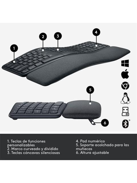 TECLADO LOGITECH ERGO K860 INALAMBRICO RF WIRELESS-BLUETOOTH NEGRO (ESPANOL) - Imagen 7