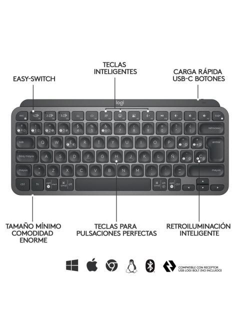 TECLADO LOGITECH MX KEYS MINI INALAMBRICO RF WIRELESS-BLUETOOTH GRAFITO (ESPANOL) - Imagen 9
