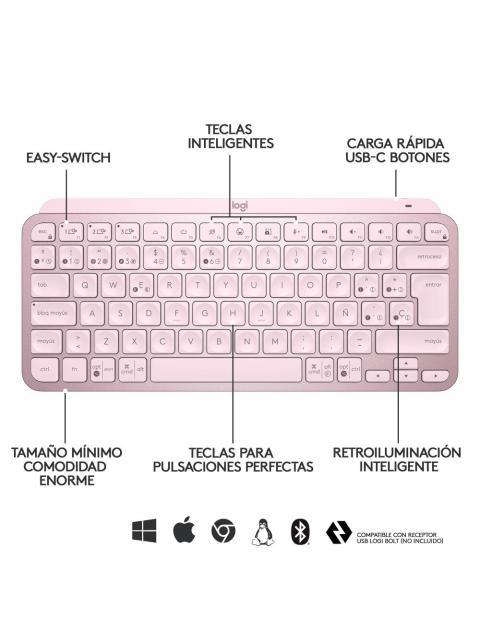 TECLADO LOGITECH MX KEYS MINI INALAMBRICO RF WIRELESS-BLUETOOTH ROSA (ESPANOL) - Imagen 8