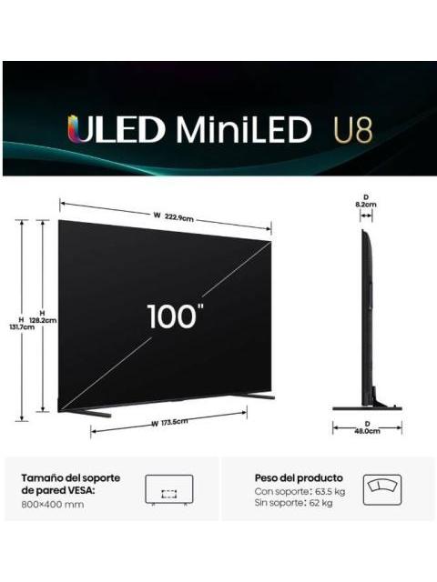 TELEVISOR HISENSE 100U8K 100 PULGADAS MINILED QUANTUM DOT 4K UHD 3840 X 2160 PIXELES GOOGLE SMART TV - Imagen 3