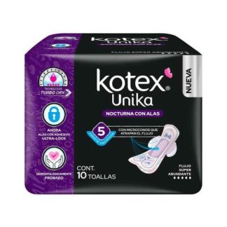 TOALLA FEMENINA KOTEX U UNIKA NOCTURNA CON ALAS PAQUETE CON 10 PIEZAS