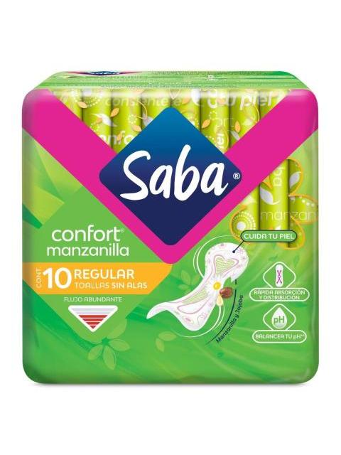 TOALLA FEMENINA SABA CONFORT REGULAR SIN ALAS PAQUETE CON 10 PIEZAS